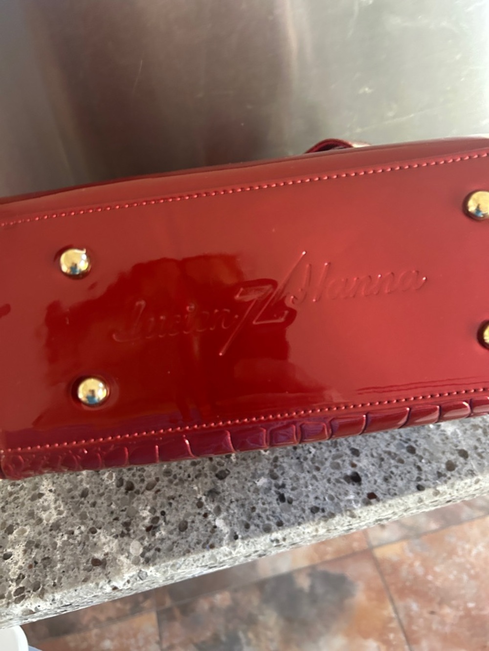 Patent Croc-Embossed Red Crossbody Bag with Gold Hardware - Picture 6 of 6